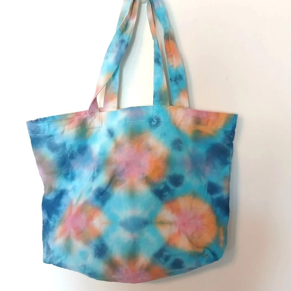 Tie Dye Tote Bag Cotton Reusable Grocery Bag With Blue Pink Orange Handmade - Picture 16 of 16